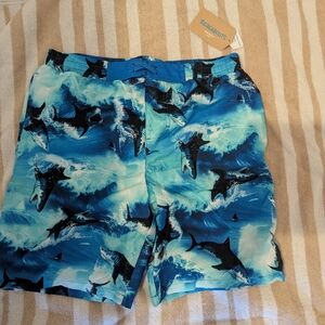 Blue Shark Print Kids Swim Trunks